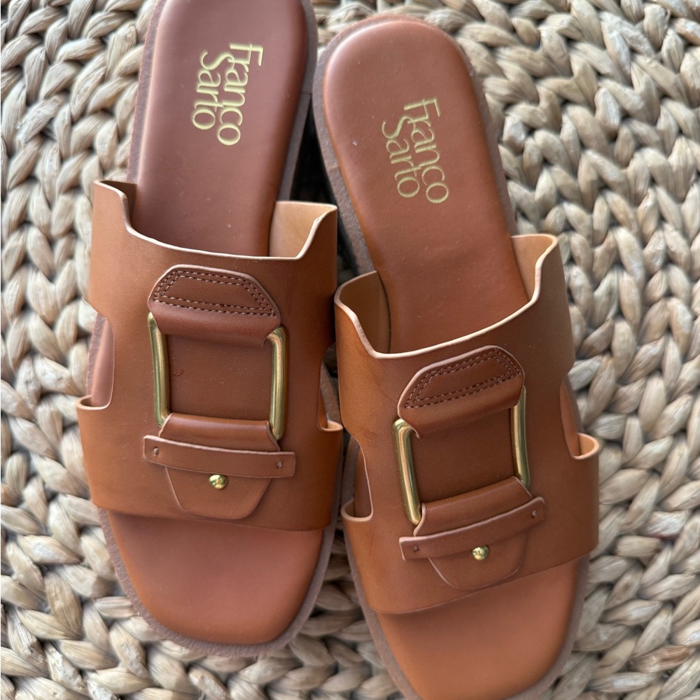 Franco Sarto Tan Leather Hesta platform Slide Sandals with Gold Accents